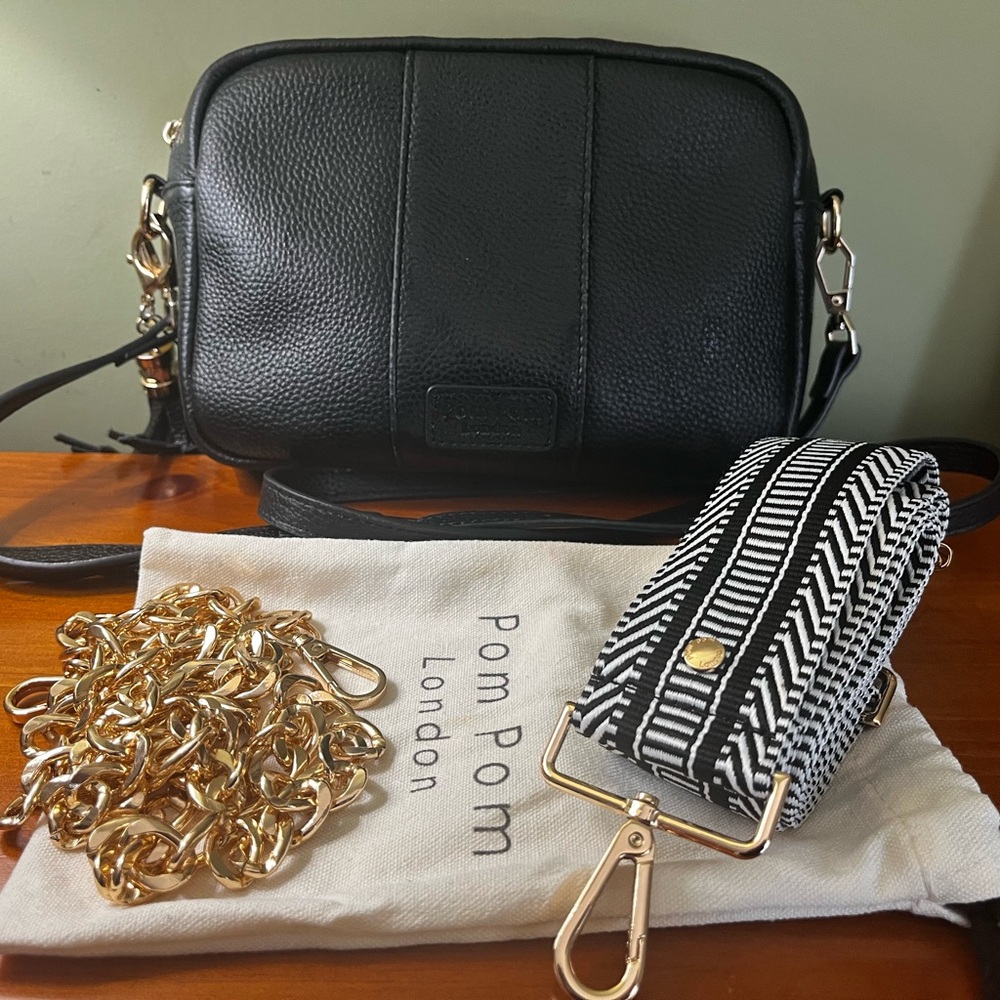 Pom Pom London Black Crossbody Bag with Gold Chain